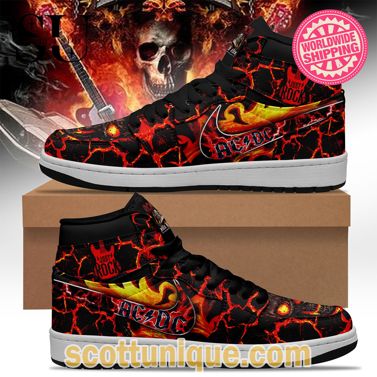 ACDC Skull Lava Premium Nike Air Jordan 1 High Top Sneaker