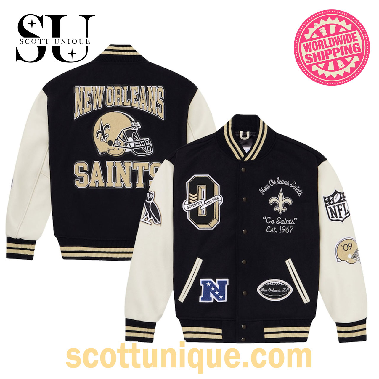 OVO x NFL Black New Orleans Saints Baseball Jacket