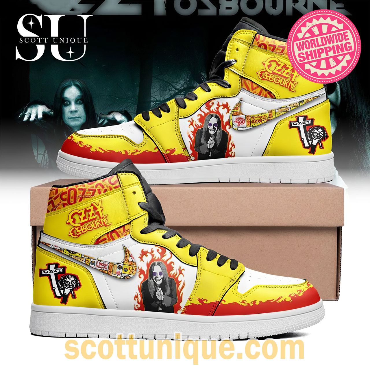 Ozzy Osbourne Yellow Fire Nike Air Jordan High Top Sneakers