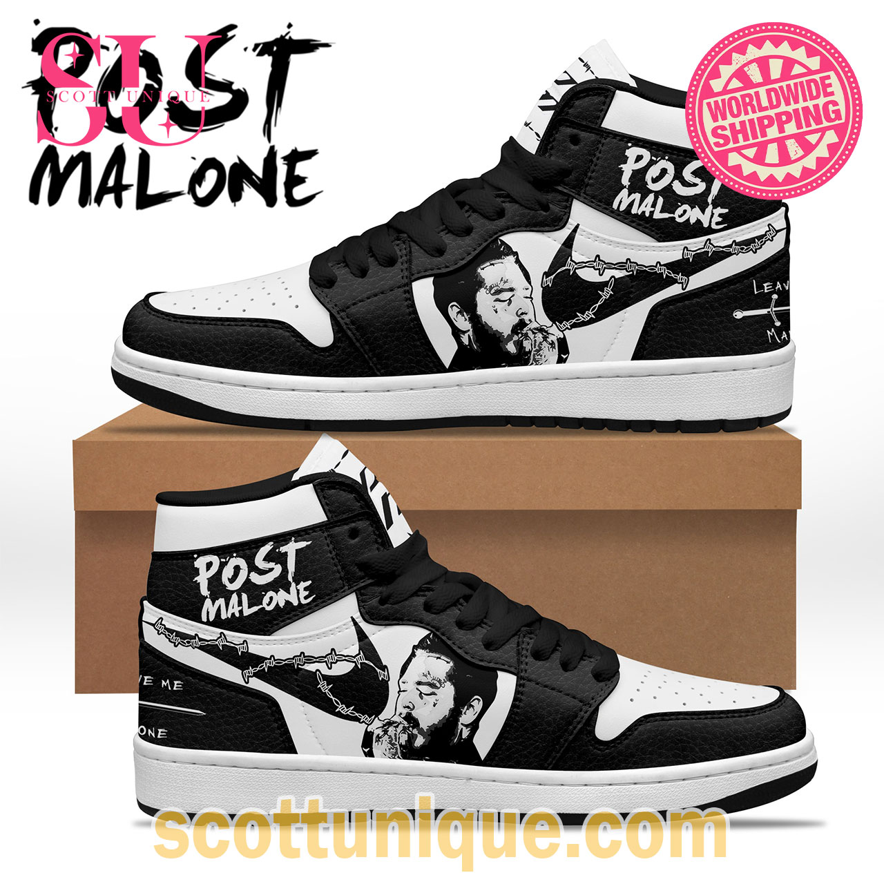 Post Malone Black  “Leave Me Malone” Air Jordan High Top Sneakers
