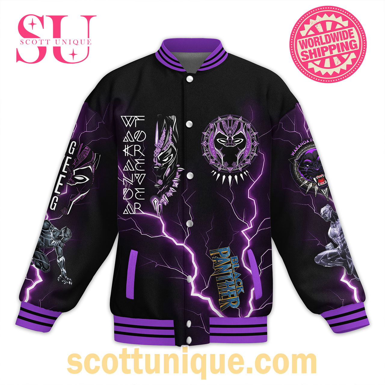 Black Panther Wakanda Forever Purple Baseball Jacket