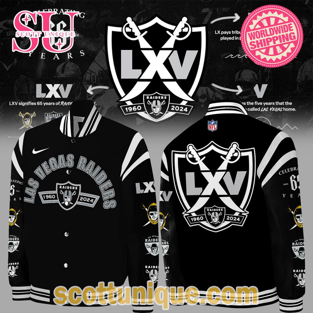 Limited Edition Las Vegas Raiders Celebrating 65 Years Baseball Jacket Limited Edition Las Vegas Raiders Celebrating 65 Years Baseball Jacket