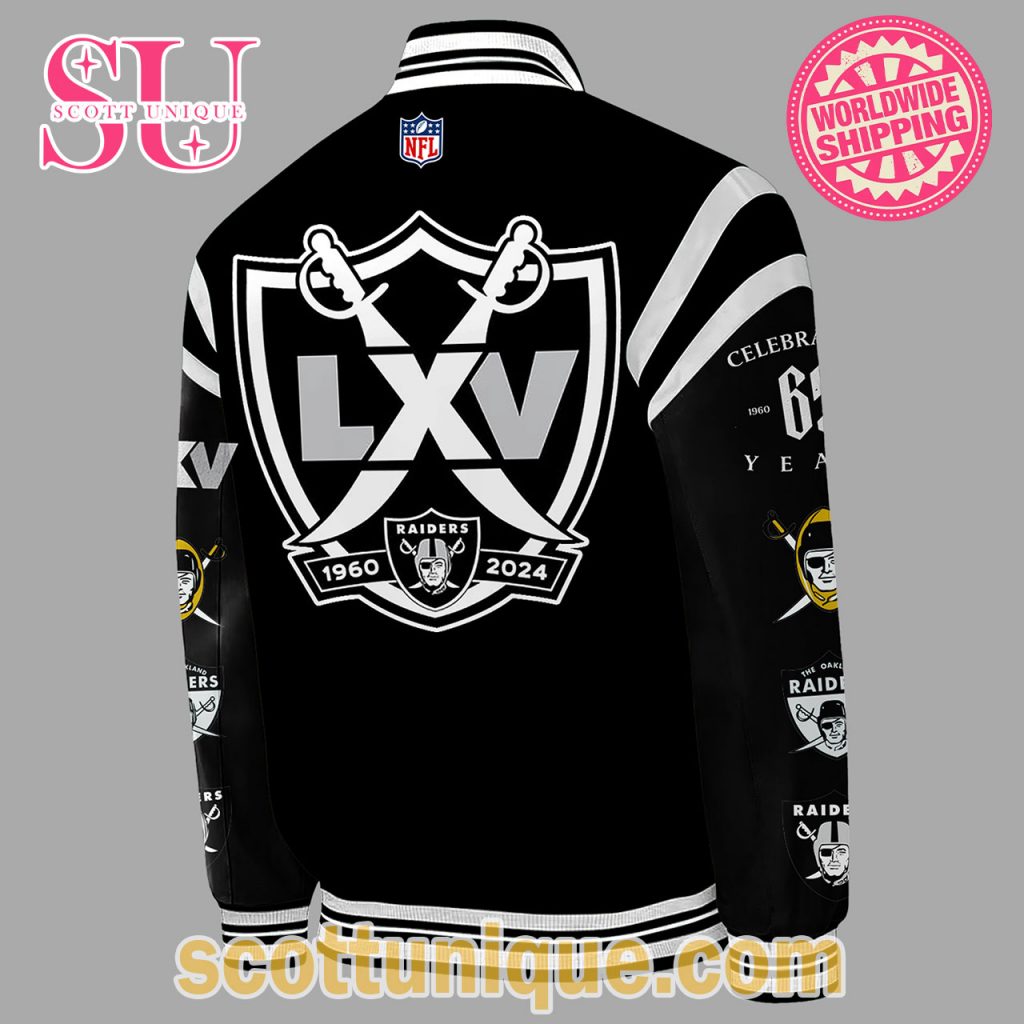Limited Edition Las Vegas Raiders Celebrating 65 Years Baseball Jacket1 Limited Edition Las Vegas Raiders Celebrating 65 Years Baseball Jacket1