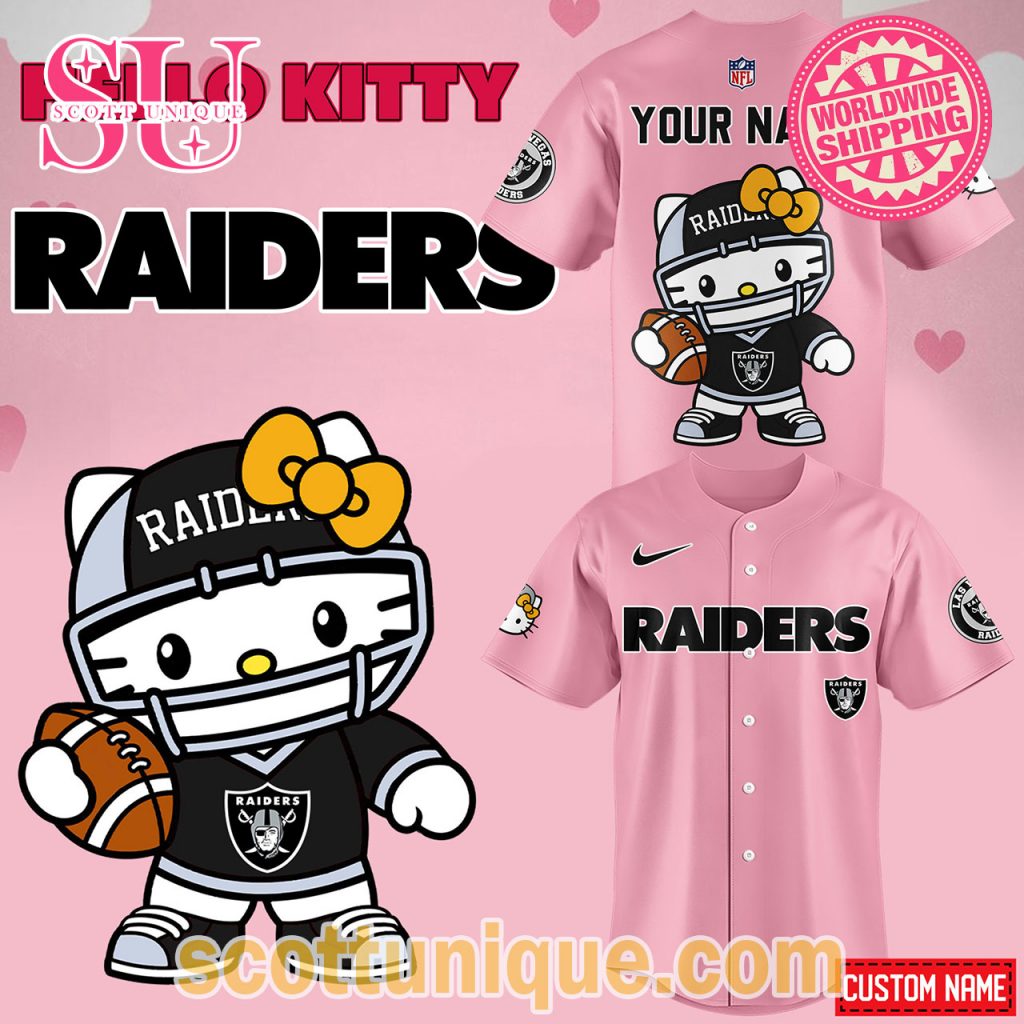 Las Vegas Raiders x Hello Kitty Night 2024 Pink Baseball Jersey1 Las Vegas Raiders x Hello Kitty Night 2024 Pink Baseball Jersey1