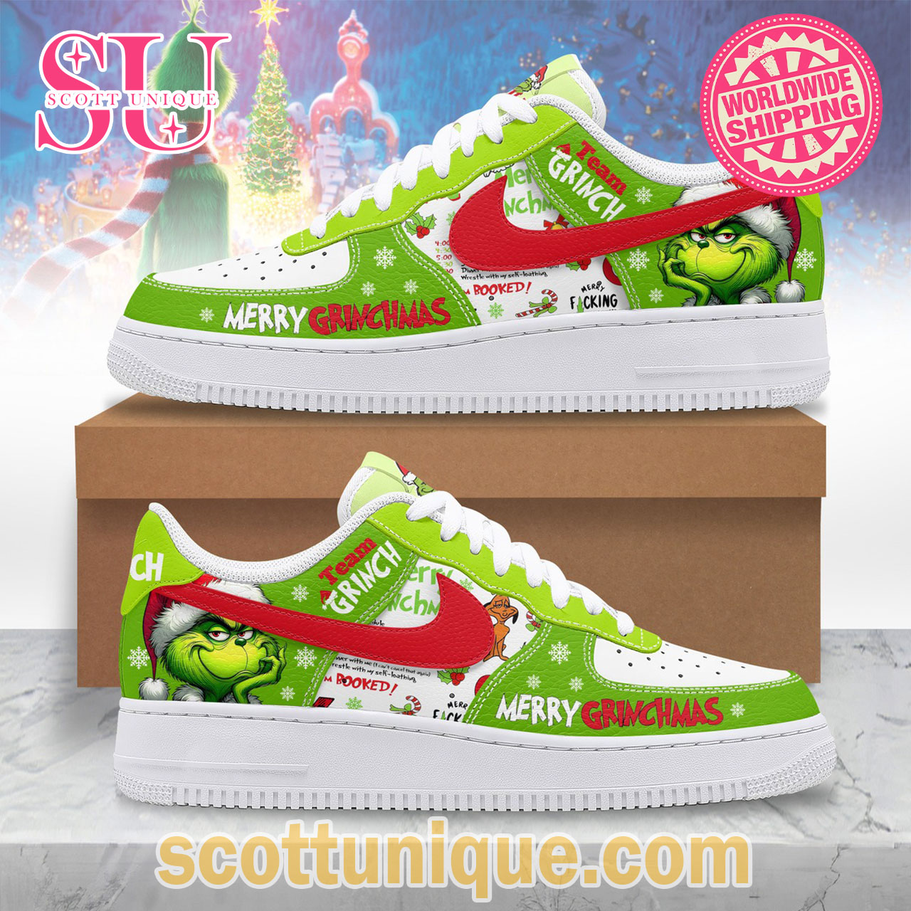 Team Grinch Merry Christmas Green Nike Air Force Shoes