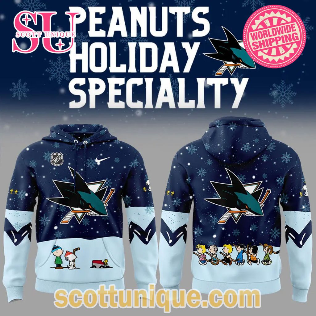 San Jose Sharks Peanuts & Snoopy Night Christmas Navy Hoodie