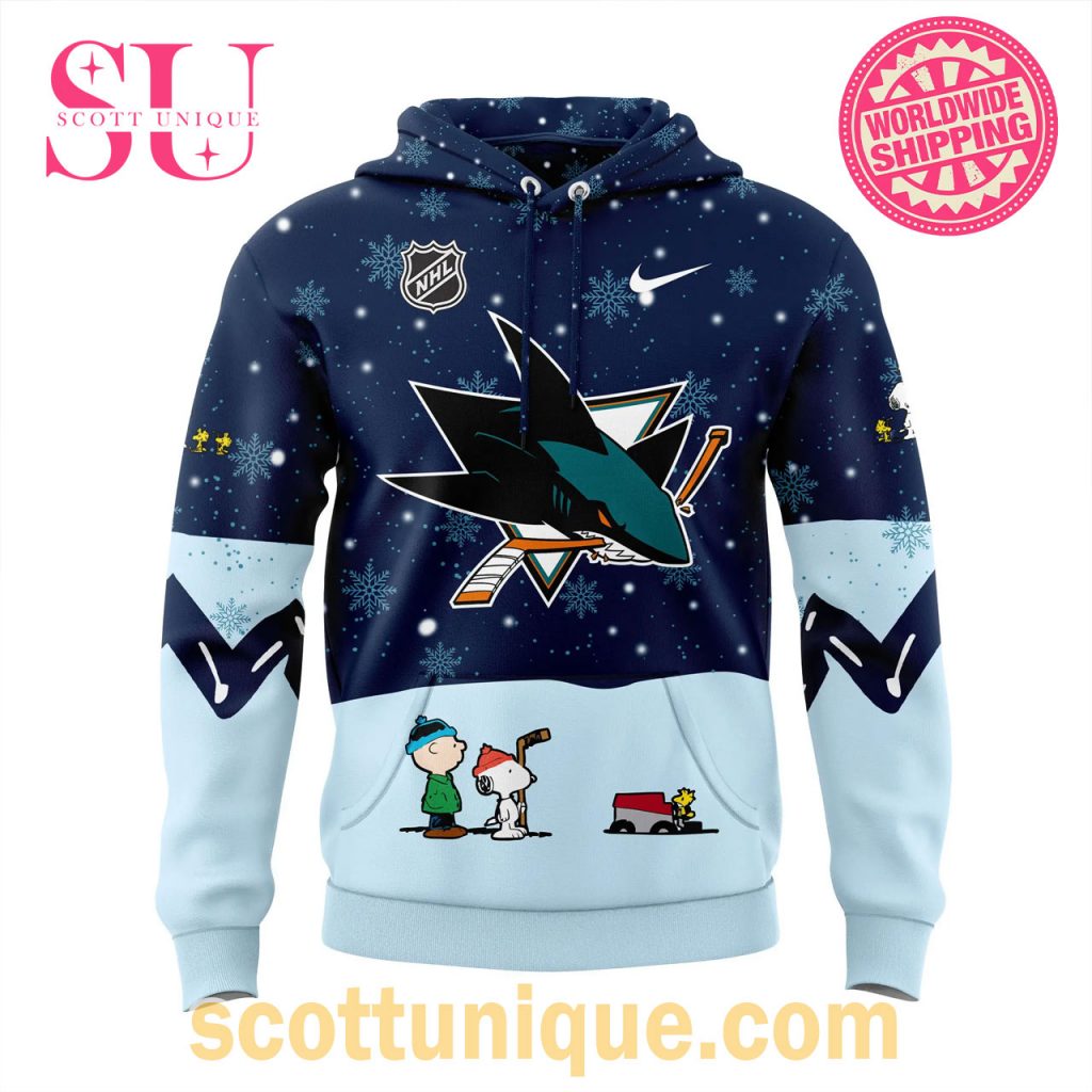 San Jose Sharks Peanuts & Snoopy Night Christmas Navy Hoodie2