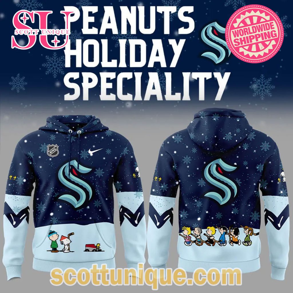 Seattle Kraken Peanuts & Snoopy Night Christmas Navy Hoodie