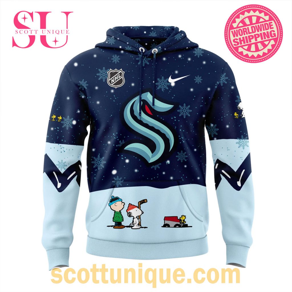 Seattle Kraken Peanuts & Snoopy Night Christmas Navy Hoodie2
