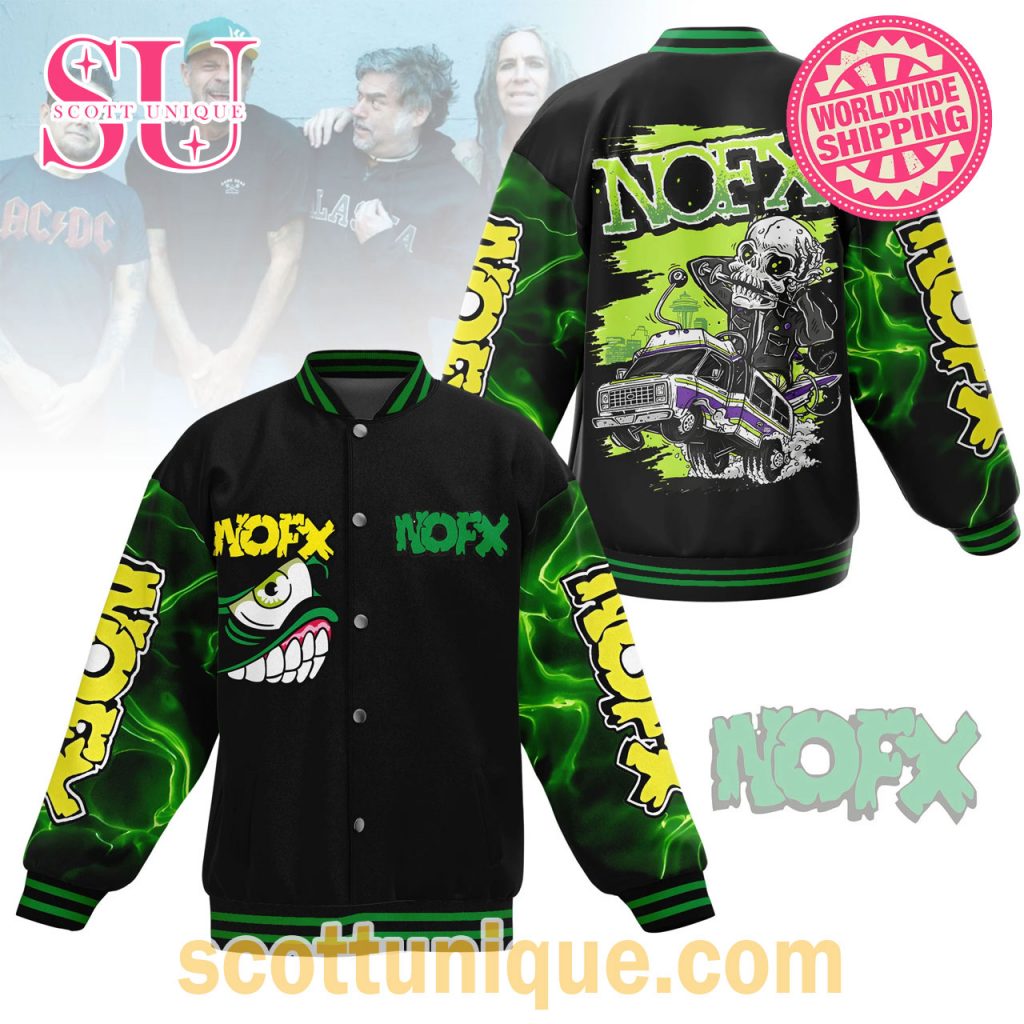 NOFX Punk Rock Band Abstract Green Baseball Jacket NOFX Punk Rock Band Abstract Green Baseball Jacket