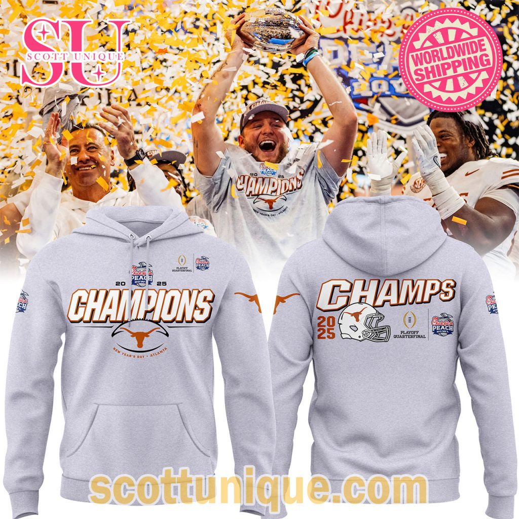 Texas Longhorns Chick Fil A Peach Bowl Champions 2025 Grey Hoodie Texas Longhorns Chick Fil A Peach Bowl Champions 2025 Grey Hoodie