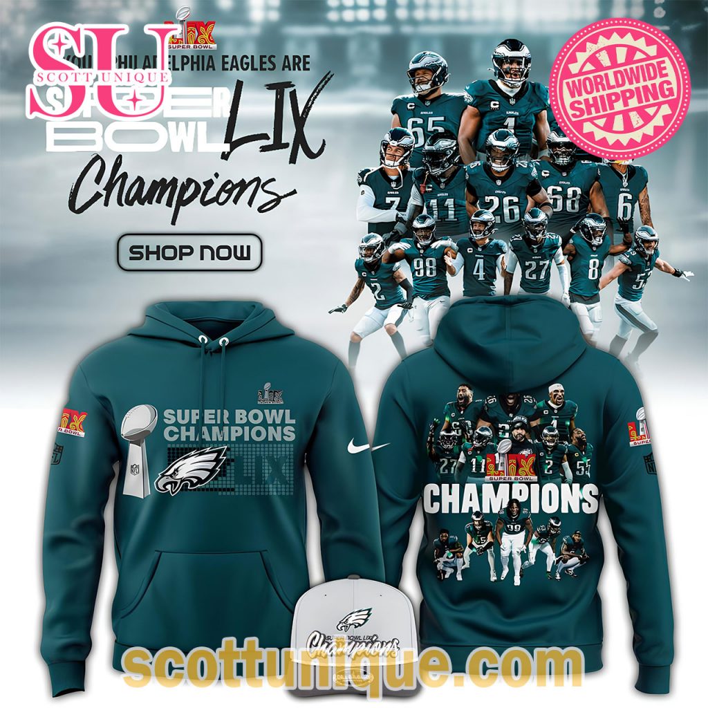 Philadelphia Eagles Nike Super Bowl LIX Champions 2025 Cyan Hoodie Philadelphia Eagles Nike Super Bowl LIX Champions 2025 Cyan Hoodie