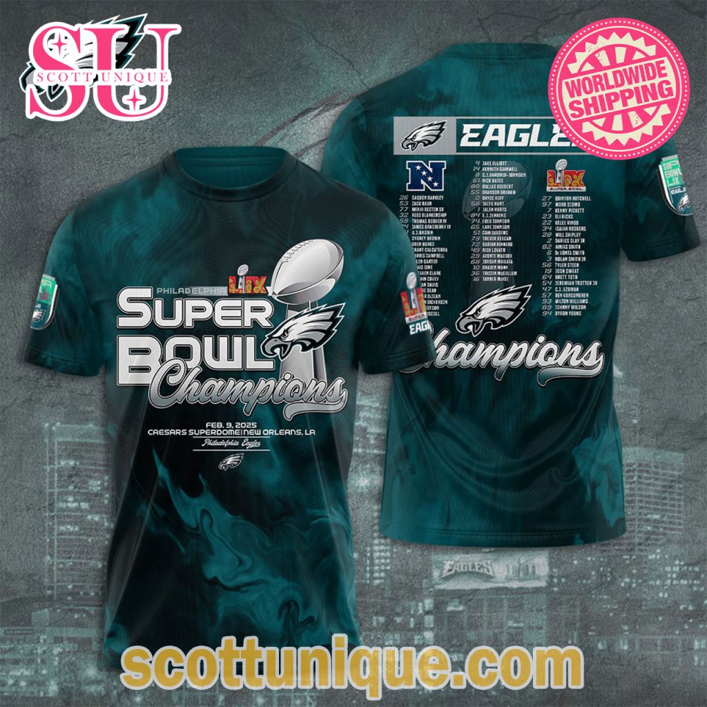 Philadelphia Eagles Nike Super Bowl LIX Champions 2025 Cyan T Shirt Philadelphia Eagles Nike Super Bowl LIX Champions 2025 Cyan T Shirt