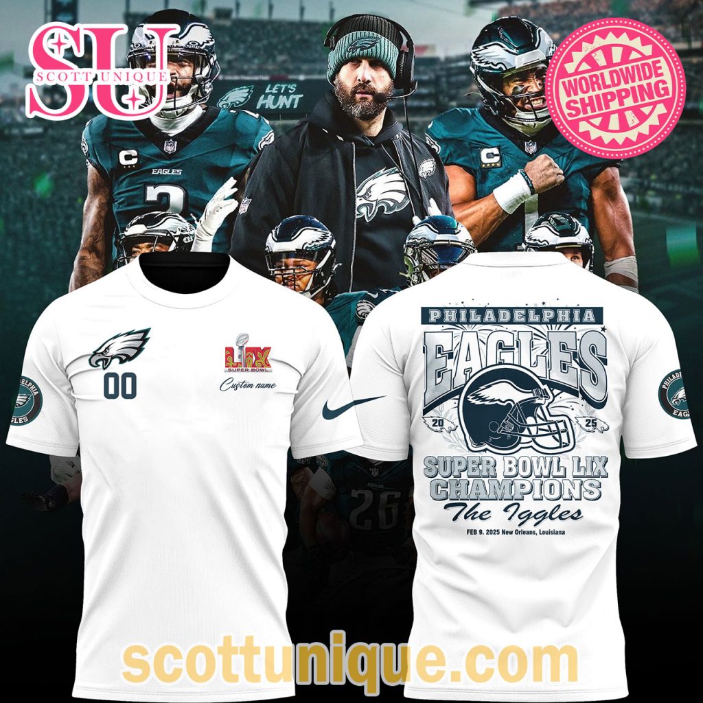 Philadelphia Eagles Super Bowl LIX Champions 2025 White T Shirt Philadelphia Eagles Super Bowl LIX Champions 2025 White T Shirt