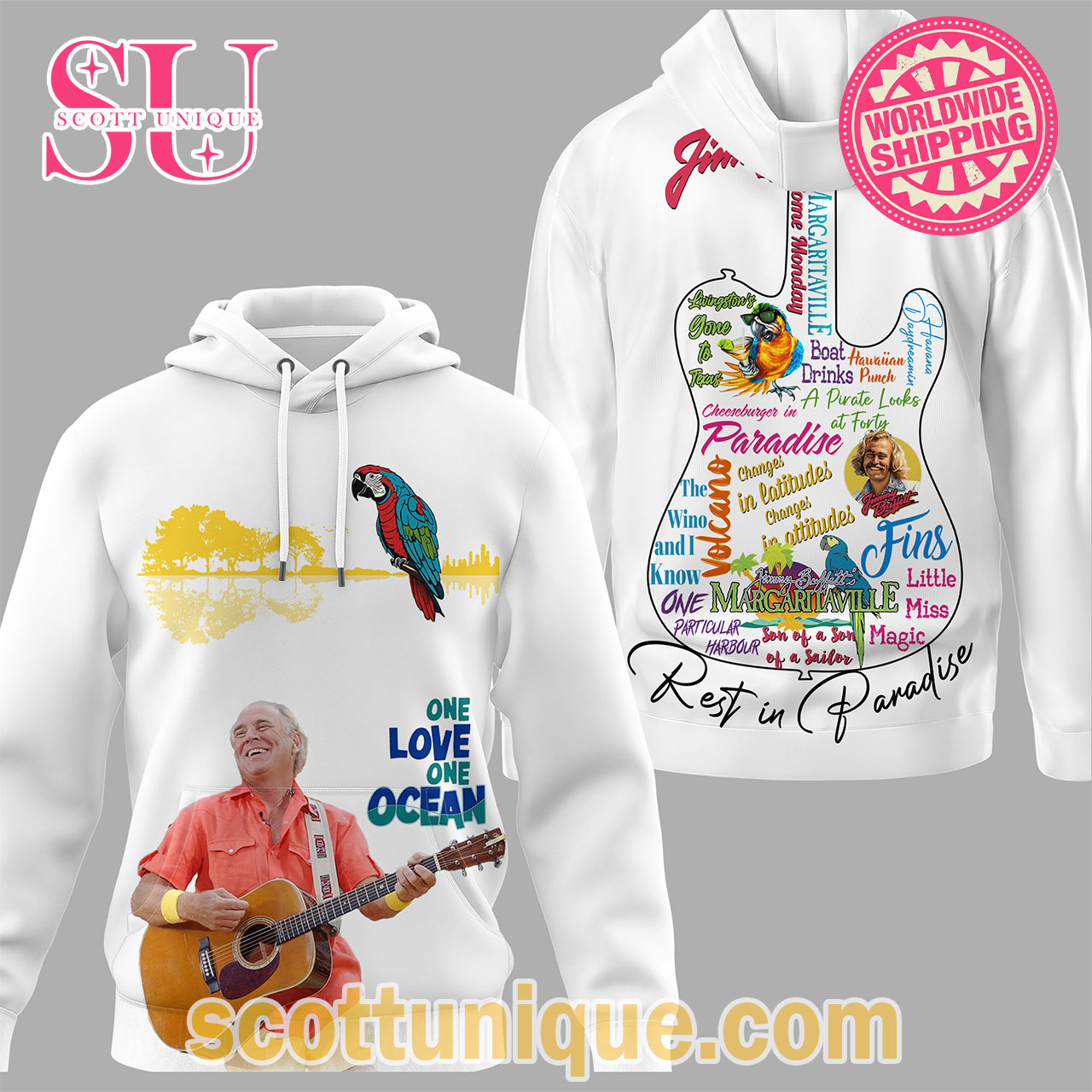 Jimmy Buffett One Love One Ocean Rest in Paradise White Hoodie