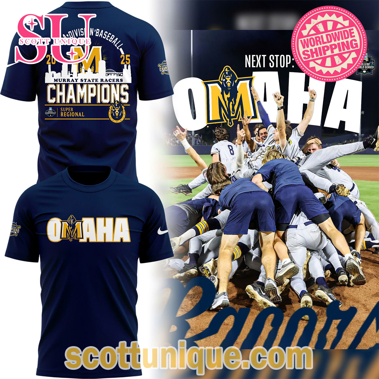 OMAHA NCAA Division Baseball Murray State Racers Champions 2025 T-Shirt Navy
