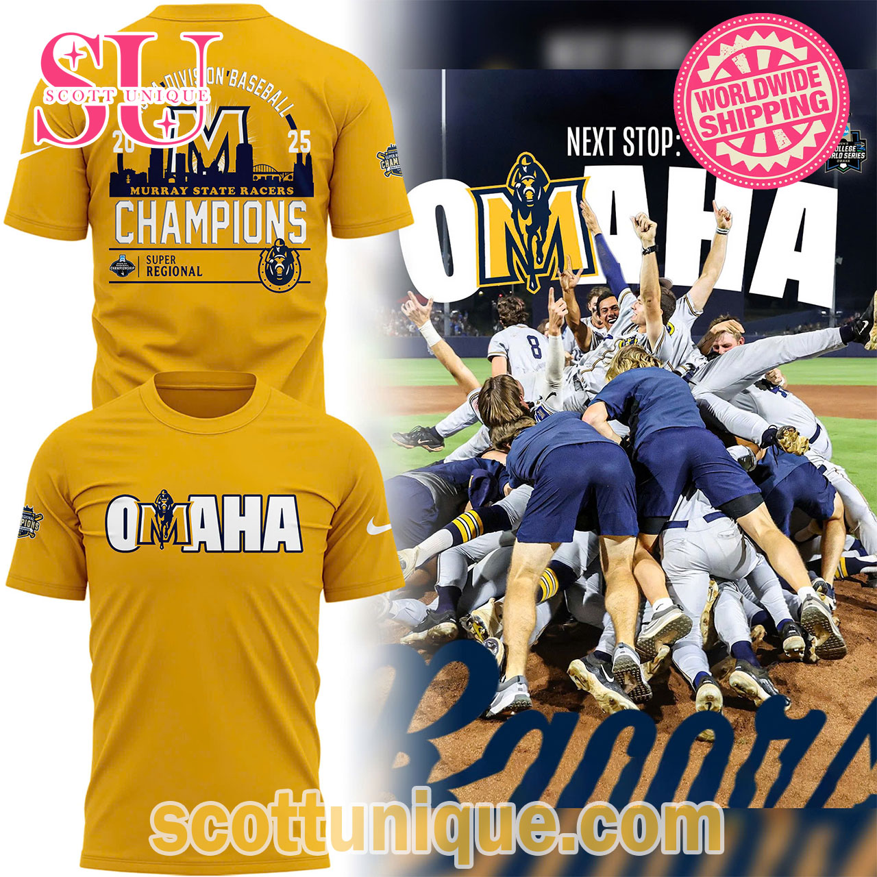 OMAHA NCAA Division Baseball Murray State Racers Champions 2025 T-Shirt Yellow